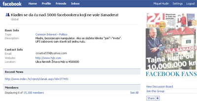 Capture d'écran du groupe anti-Sanader sur Facebook