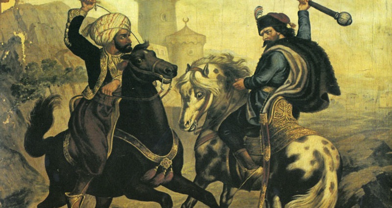 Kraljević Marko (à droite) et son grand rival, Musa Kesedžija (Peinture de Vladislav Titelbah, 1900)