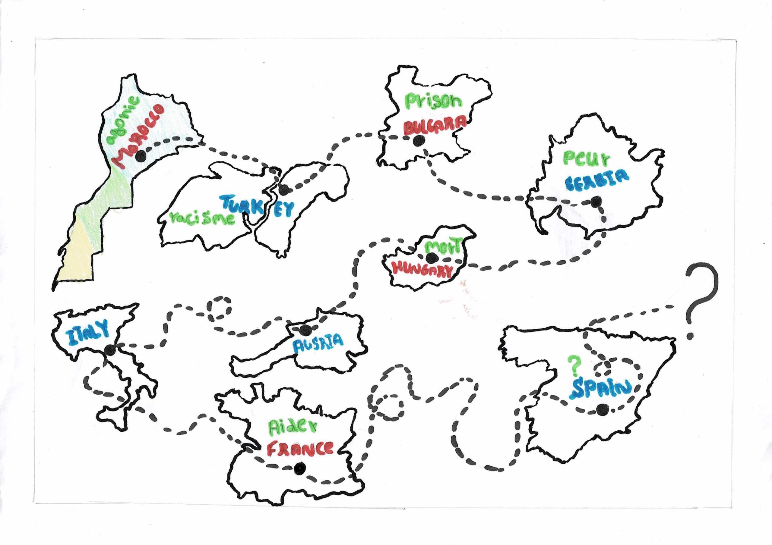 Carte du parcours de Marouane, réalisée aux Terrasses solidaires de Briançon Carte du parcours de Marouane, réalisée aux Terrasses solidaires de Briançon