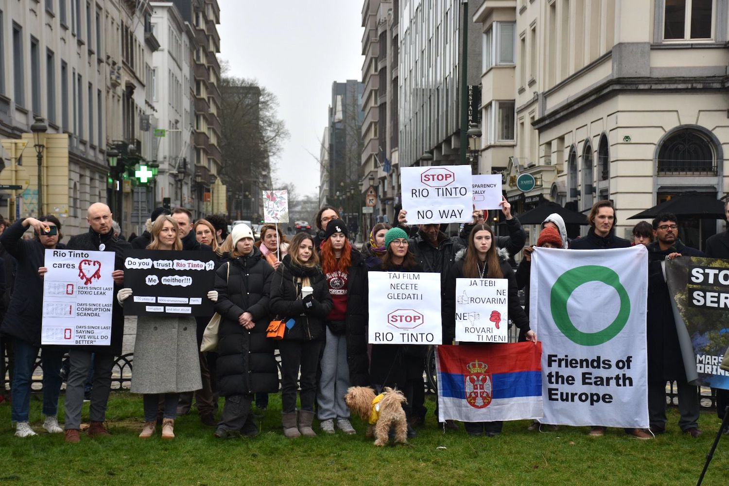 La manifestation d'opposition à l'exploitation du lithium en Serbie par Rio Tinto, le 5 février 2025 devant le Parlement européen à Bruxelles.