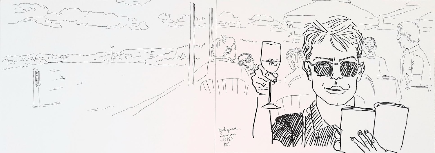Terrasse sur les bords du Danube. Noé au premier plan. Dessin Manuel Cortella. Terrasse sur les bords du Danube. Noé au premier plan. Dessin Manuel Cortella.